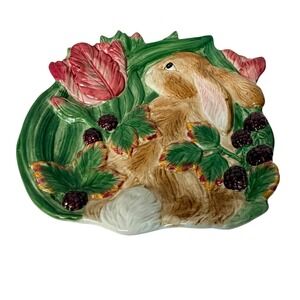 Fitz and Floyd 2002 Canape Plate Blackberry Rabbit Tulip Ceramic Easter Decor